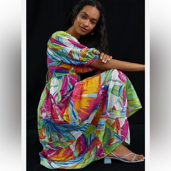 ANTHROPOLOGIE / FARM RIO Rainbow Leaves Open Back Midi Dress (M) - Picture 7 of 15